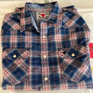 Desert Son blue plaid, western style, long sleeve shirt with snap/button front